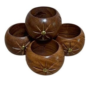 Vintage Hand Carved Starburst Leaf Brown Wood Napkin Holders Rustic MCM Set of 4